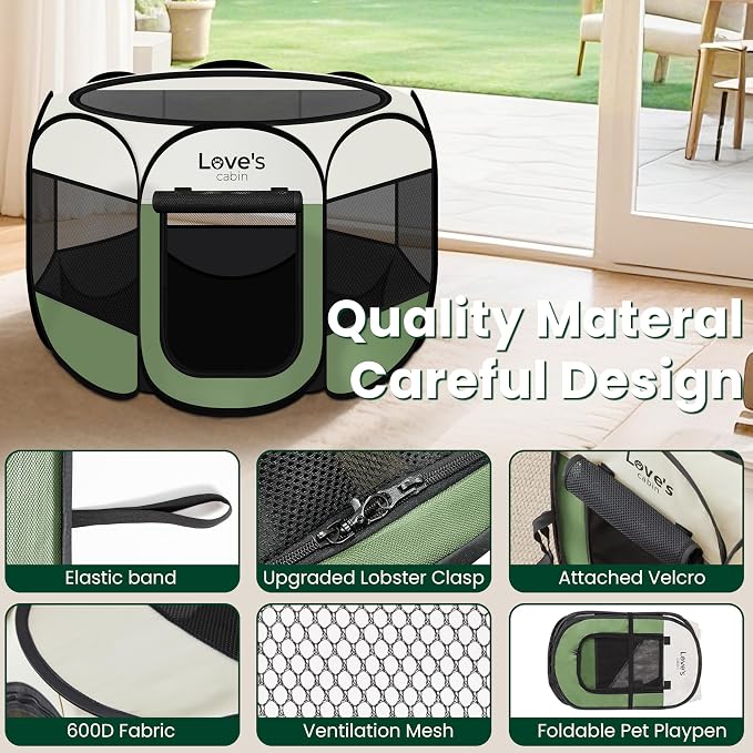Love's cabin Pet Puppy Dog Playpen, Large Dog Tent Crates Cage Indoor/Outdoor, Portable Playpen for Cat, Foldable Pop Up Dog Kennel Playpen with Carring Case, Removable Zipper Top, Olive Green