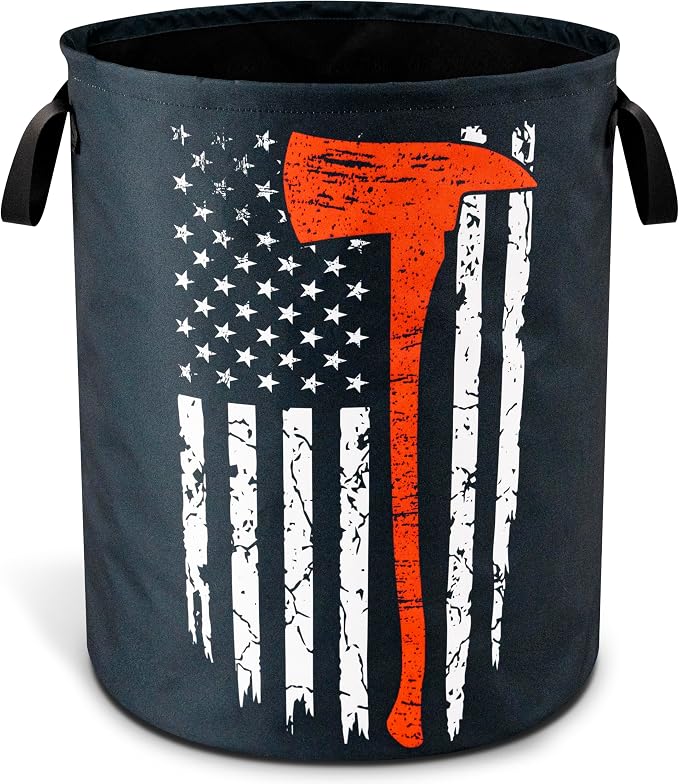 American Flag Red Line Ax Laundry Basket Foldable Waterproof 18.9x16.5 Inch | Oxford Cloth Hamper With Reinforced Handles Lining Large-Capacity Storage For Bathrooms/Laundry Rooms/ Living Rooms/Bedrooms