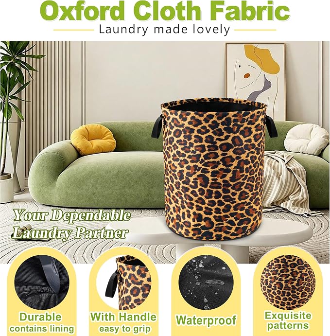 Brown Leopard Laundry Basket Foldable Waterproof Hamper 18.9 x 16.5 Inch | Oxford Cloth With Reinforced Handles Lining Design Large-Capacity Storage For Bathrooms/Laundry Rooms/ Living Rooms/Bedrooms