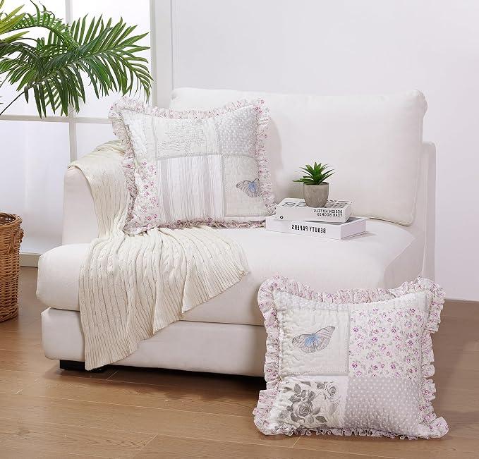 Brilliant Sunshine Grey Cupid & Pink Roses Ruffle Pillowshams Set, 18"x18" | Patchwork Design with Ruffles, Quilted Pillow Covers, Washable Throw Cushion Cases for Couchs and Beds, Pack of 2