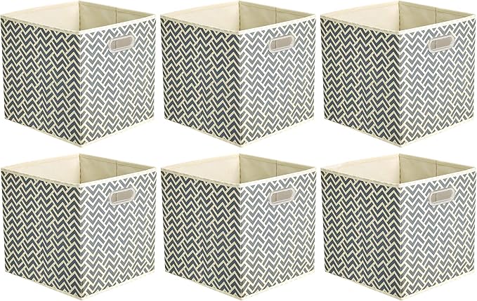 Amazon Basics Collapsible Storage Bins with Handle, Space-Saving, Breathable Cube Organizer, 10.5" x 10.5" x 11", Chevron Grey, 6-Pack