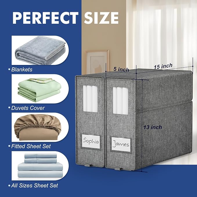 Furnhome Bed Sheet Organizers and Storage 3 Pack, Foldable Linen Closet Organizer Box with Clear Window, Labels & Reinforced Handles, Stackable Space Saving Bedding Storage for King Queen Sheet Set