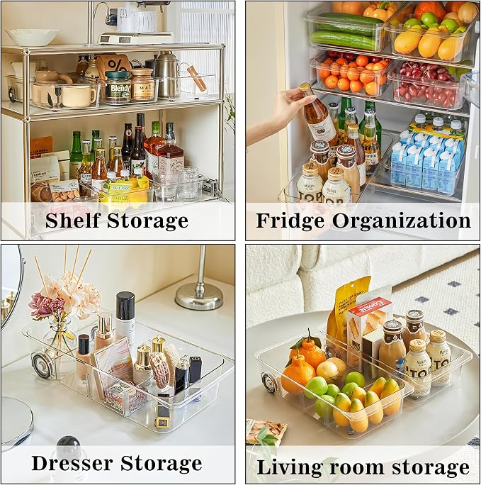 MANO 2 Pack Divided Rolling Refrigerator Tray Clear Roll Out Fridge Caddy Organizer with Wheels for Veggie Pantry Snackle Box Under Sink Bathroom Organizer and Storage Bins