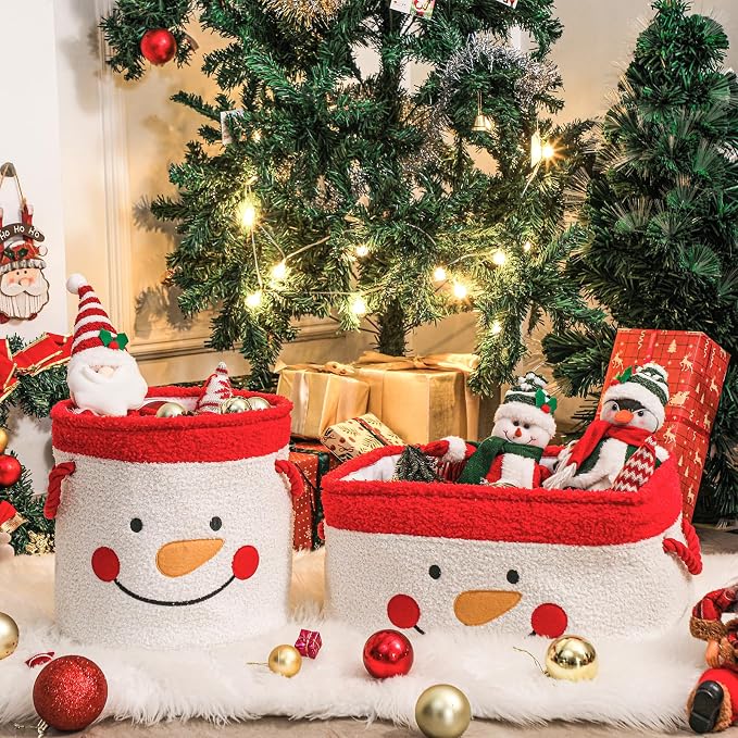 Christmas Gift Basket, Large Red Collapsible Storage Bin with Handles, Empty Fabric Holiday Basket for Presents, Blankets, Home Decor and Gift Giving