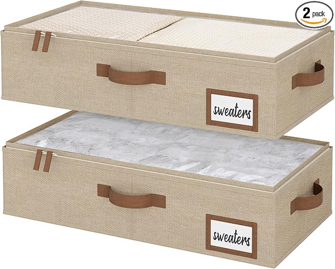 StorageWorks 5 Inch Low Profile Under Bed Storage Containers with Clear Lid | Reinforced Structure, Resists Sagging, Handles & Label Holder, Foldable Stackable Closet Storage for Clothes, Blankets, Toys