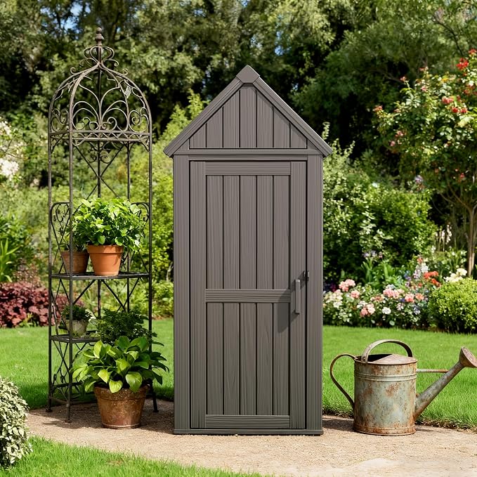 Vertical Outdoor Storage Shed, Waterproof Resin Outdoor Storage Cabinet with Removable Shelves & 12 Hooks, Lockable Small Tool Shed for Garden, Backyard, Patio, Pool, Classic Gray