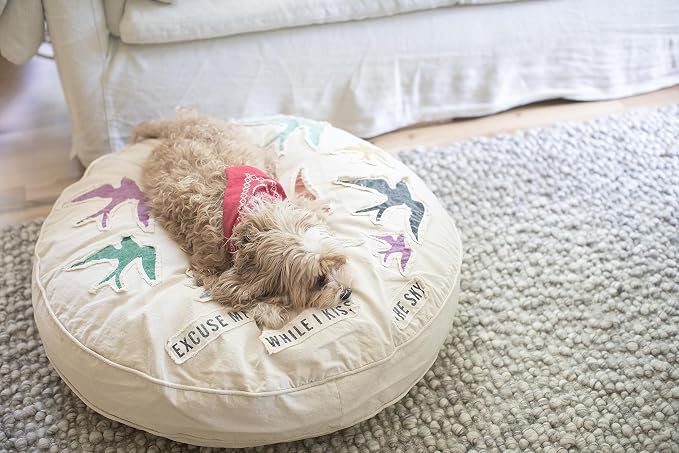 Sugarboo Excuse Me While I Kiss The Sky Dog Bed, Washable Cream Floor Mattress for Medium to Small Sized Pets, Stylish Boho Farmhouse Dog Bed - 33” Diameter