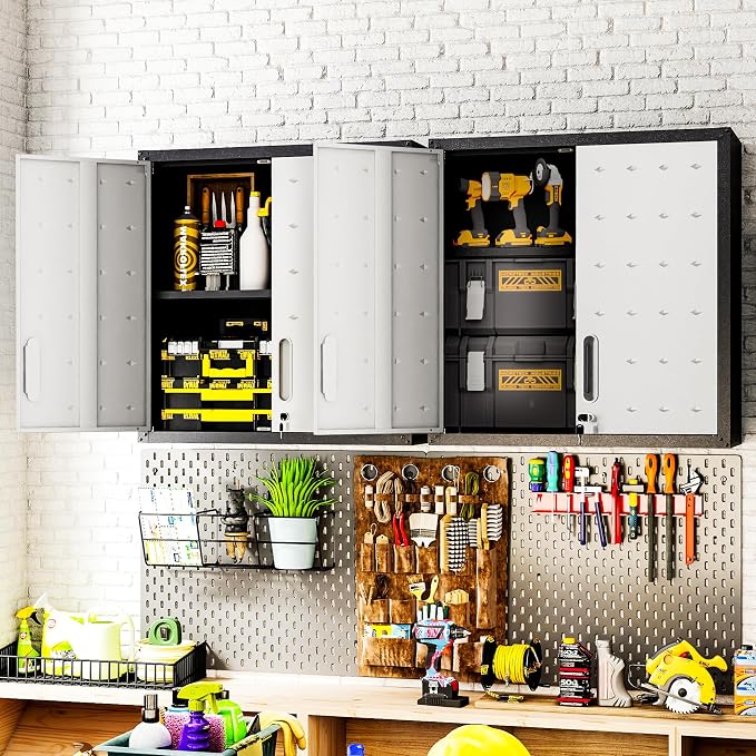 Garage Wall Cabinet,29.5" W Wall Mounted Garage Cabinets with Adjustable Shelf,Heavy Duty Lockable Metal Cabinet,Secure Hanging Tool Cabinet for Basement,Laundry Room,Workshop,Black/Grey