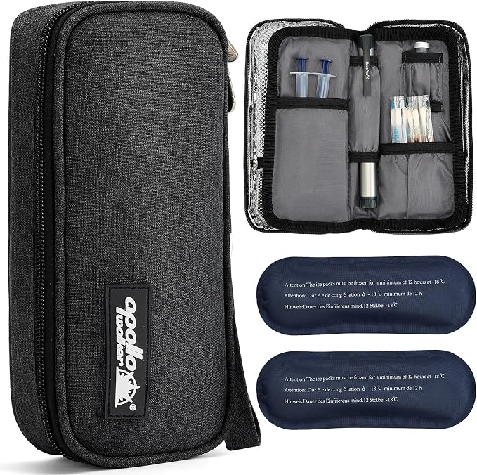 apollo walker Insulin Cooler Travel Case with Ice Packs and Insulation | TSA Approved Includes 2 x 90g ice packs for 9-hour cooling insulin pens & syringes for Diabetics to Carry (Black)