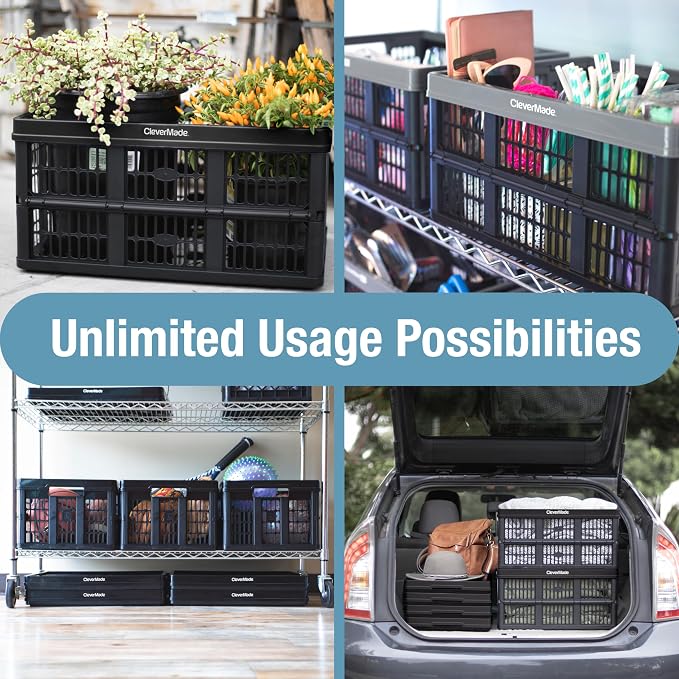 CleverMade Collapsible Utility Crate (Recycled) - 45L - Obsidian (3PK) | Create Stackable Order for Groceries, Tools, and Gear | Each Crate Holds 66 lb, Folds Under 3 Inches, and Carries Easily