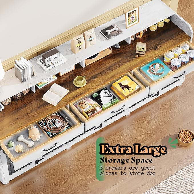 AMERLIFE 95" Dog Crate Furniture, Multi-Functional TV Stand with Storage | Dog Kennel with Drawers & Removable Divider for Medium/Small Dogs, White Barnwood