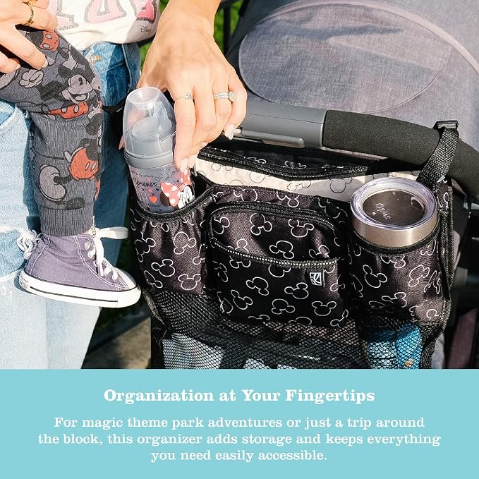 J.L. Childress Disney Baby Cups N Cargo Stroller Organizer & Caddy, Mickey | Essential baby travel accessory with cup holders, large mesh storage pocket & zipper pocket fits UPPAbaby, Doona, Nuna & More