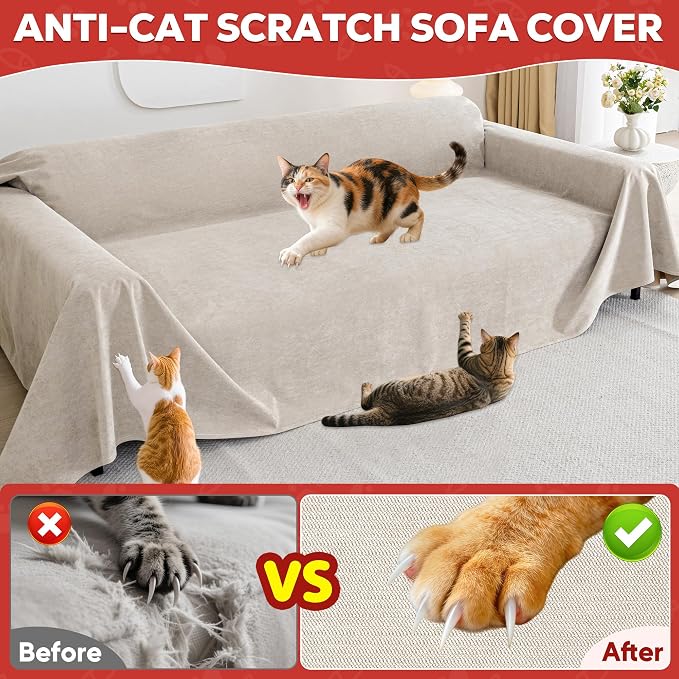 Loiion Cat Scratch Proof Furniture Protector Waterproof Sofa Cover 150"x71" | Pet-Friendly Couch Protector, Anti-Scratch & Anti-Slip Sofa Cover For Cats Dogs Kids, Machine Washable
