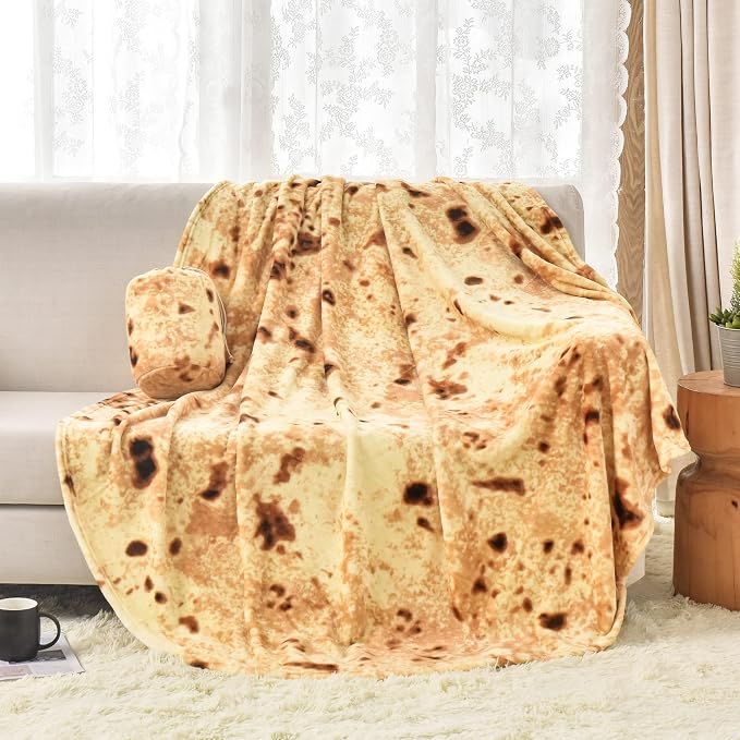 Bnuitland Burritos Tortilla Blanket, 300 GSM Double Sided Giant Funny Gift Throw, Realistic Novelty Super Soft Sofa Yellow Taco Food Blanket for Kids/Pets and Adults