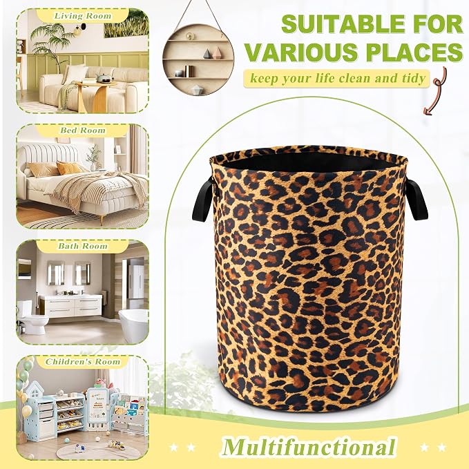 Brown Leopard Laundry Basket Foldable Waterproof Hamper 18.9 x 16.5 Inch | Oxford Cloth With Reinforced Handles Lining Design Large-Capacity Storage For Bathrooms/Laundry Rooms/ Living Rooms/Bedrooms