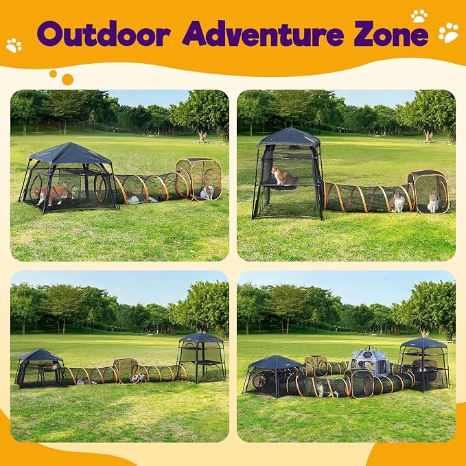 Outdoor Cat Enclosures with Tunnels, Rywell 10FT Cat Tunnel Outdoor with Cube, Portable Cat Playpen and Catio with Carry Bag for Multiple Cats