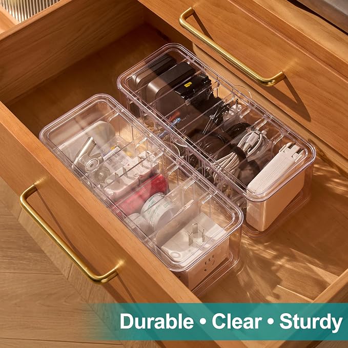 Cord Organizer Box 2 Pack – Clear Cable Organizer with Adjustable Dividers, Fits Up to 10ft Cables, Cord Storage Organizer for Chargers & Tech Accessories – Includes 16 Velcro Ties