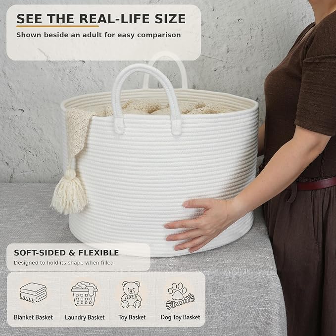 XUANGUO 66L Large Blanket Basket, Round Cotton Rope Basket, White | 20" x 13" Laundry Basket with Sturdy Handles for Blankets, Pillows and Toys; Storage for Living Room, Bedroom and Nursery