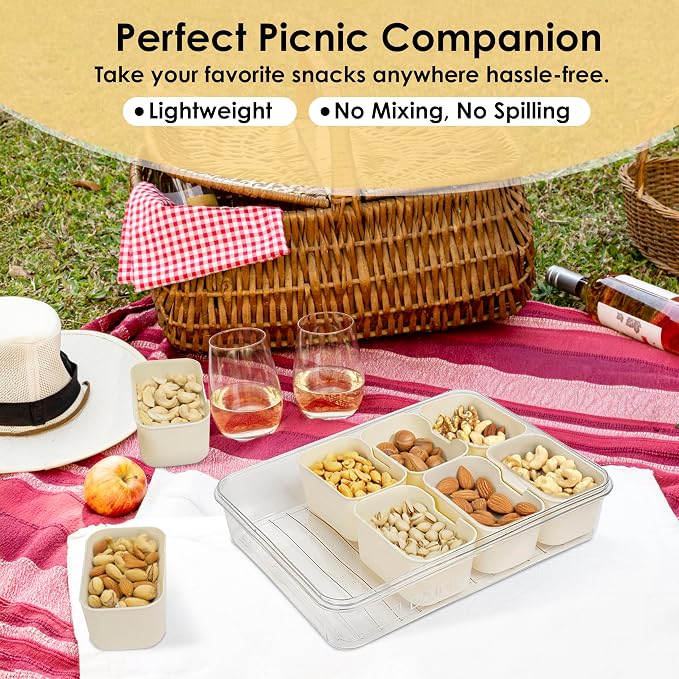 Snackle Box with Lid and Handle – Divided Snack Tray Organizer, Snack Organizer with Spoon & Fork for Travel, Charcuterie, Candy, Parties & Meal Prep