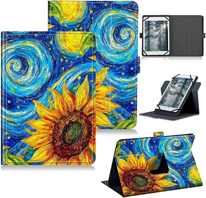 Universal Tablet Case for T-Mobile Revvl Tab 2 10.1" 2025/Revvl Tab 5G 10.36" 2023, 360 Degree Rotating Kickstand Protective Stand PU Leather Shell Cover for 9"-10.5", Starry Sunflower