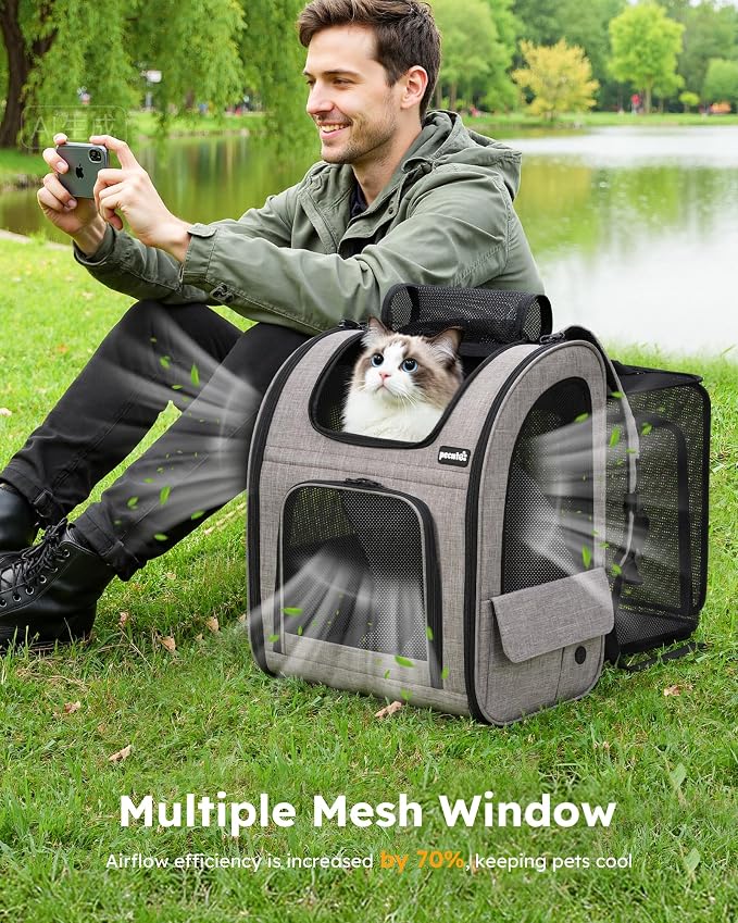 pecute Cat Backpack Expandable, Dog Carrier Backpack Breathable, Large | Durable Oxford Cloth, Lockable Zipper,Use for Pet Under 15 lbs to Travel