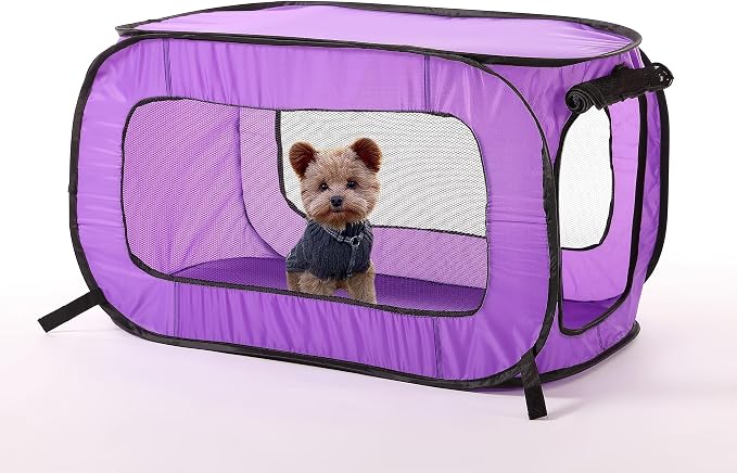 Portable Collapsible Pop Up Kennel, 32.5" L x 19.5" W x 19.5" H, Purple | Collapsible indoor/outdoor travel cat and dog crate with mesh screen windows pops up and folds flat for easy storage