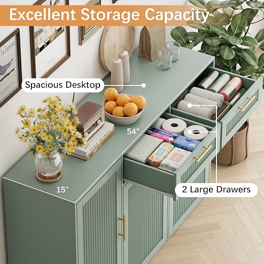 2 X 13 Gallons Double Pull Out Trash Can Cabinet with Storage, Green | 54"W Fluted Kitchen Trash Cabinet with Adjustable Shelf & Drawers, Hidden Pet Proof Trash Can Holder for Laundry Living Room
