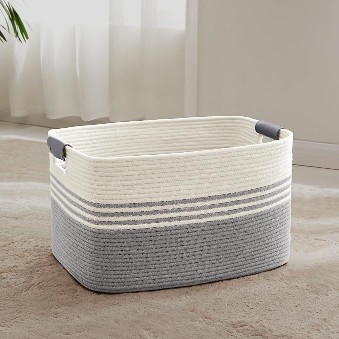 60L Woven Laundry Basket Hamper with Leather Handles,Grey | collapsible wicker hamper, storage for dirty clothes, toys, blankets, gifts, living room, bedroom, bathroom, 21"x15"x11"