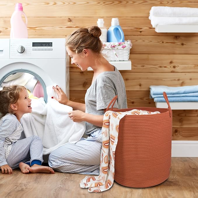 XUANGUO Cotton Rope Laundry Basket Hamper for Clothes Large Rust Red | Baby Nursery Hamper Bin and Woven Storage Basket for Living Room Bedroom Boho Tall Rope Baskets Blankets Toys Pillows Towels