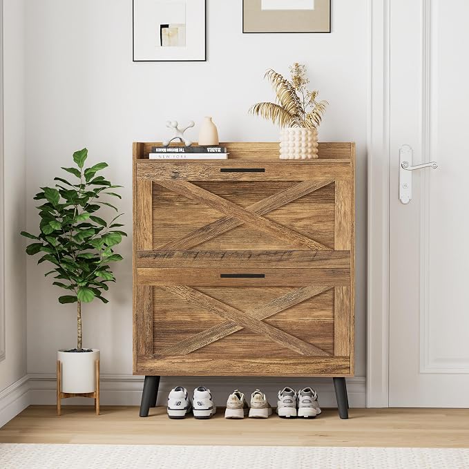 Homleke Farmhouse Shoe Storage Cabinet with Flip Drawers & Barn Door Design | Slim Narrow Shoe Rack Cabinet with Adjustable Shelves & Hidden Storage for Entryway, Hallway, Living Room, Rustic Walnut
