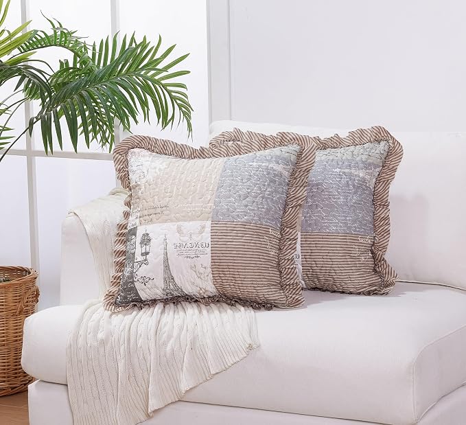 Brilliant Sunshine Latte Grey Paris & Toile Ruffle Pillowshams Set, 18"x18" | Patchwork Design with Ruffles, Quilted Pillow Covers, Washable Throw Cushion Cases for Couchs and Beds, Pack of 2