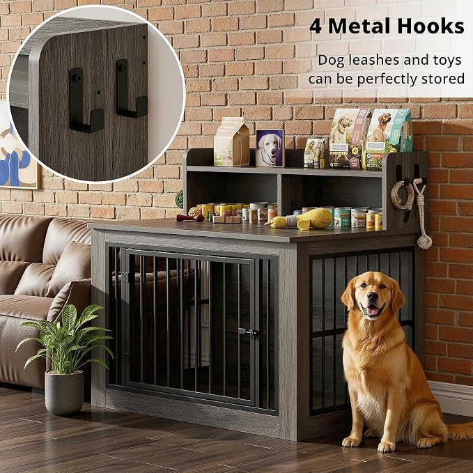 IRONCK 43.3" Extra Large Dog Crate Furniture with Storage Shelf | 10mm iron rods. Storage shelf and 4 hooks. 200 lb tabletop. 30"L x 43.3"W x 41.1"H indoor large crate