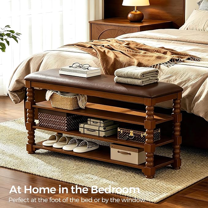 Homleke 39.4" Wide Solid Wood Shoe Rack Bench with Classic Turned Ball Legs | Tall 3-Tier Entryway Bench with Leather Seat, Holds Up to 12 Pairs, for Hallway, Bedroom and Closet, Walnut