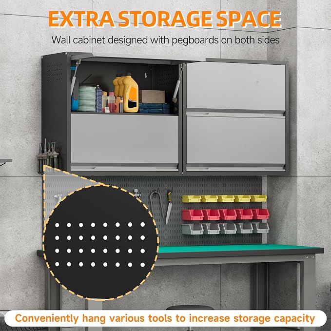 Garage Wall Cabinet, 25.6" H Metal Wall Cabinet with 2 Up-Flip Door | Wall Mounted Metal Storage Cabinet, Upper Cabinet for Kitchen,Garage,Workshop,Warehouse, Assembly Required, Gray