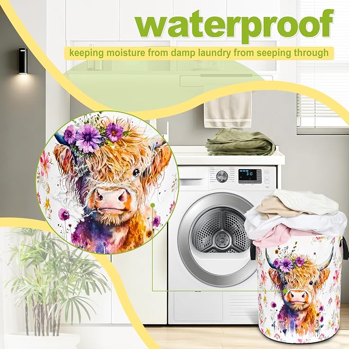 Highland Cow Laundry Basket Foldable Waterproof Oxford Cloth Funny Tote Bag | Laundry Hamper Clothes Storage Bucket Organizer For Bathroom/Laundry Storage /Bedroom Storage Basket 18.9x16.5 Inch