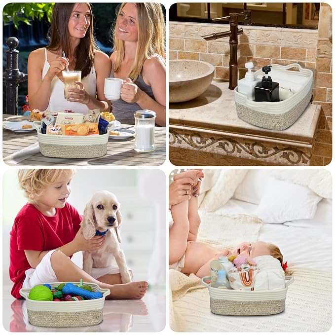 XUANGUO Medium Woven Cotton Rope Storage Basket with Handles | Small decorative rectangle storage bin for baby nursery items and cat toys; ideal as an empty gift basket or dog toy basket