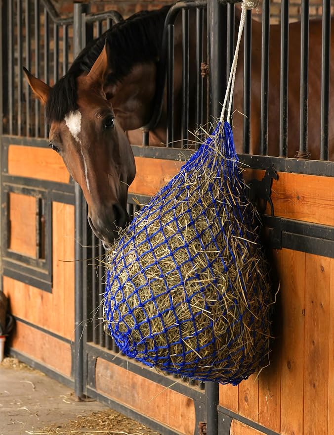 Harrison Howard 2 PCS Slow Feed Hay Net for Horses, 40 Inch Hay Bag Holds 1–2 Flakes, 2 Inch Mesh Durable Hanging Feeder for Stable, Pasture & Livestock-Blue & Black