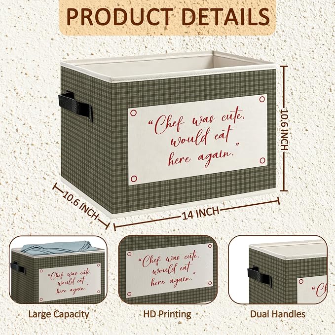Chef Was Cute Would Eat Here Again Kitchen Foldable Storage Bins Box with Handles, Chef Gifts for Women Men, Olive Green Gingham Decorative Storage Boxes Baskets Organizer for Restaurant