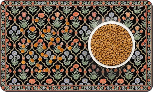 Pet Feeding Mat 20 x 12 Inch, Black Floral Pet Placemat Absorbent Quick-Dry for Food and Water, Waterproof Non Slip Rubber Bowl Pad Mat for Floors