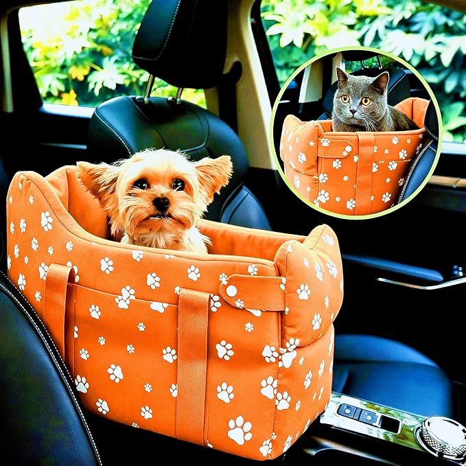 Center Console Dog Car Seat Safe Travel for Small Dogs Under 15 lbs Detachable Washable Pet Carrier with Storage Pockets & Safety Leash (Orange)