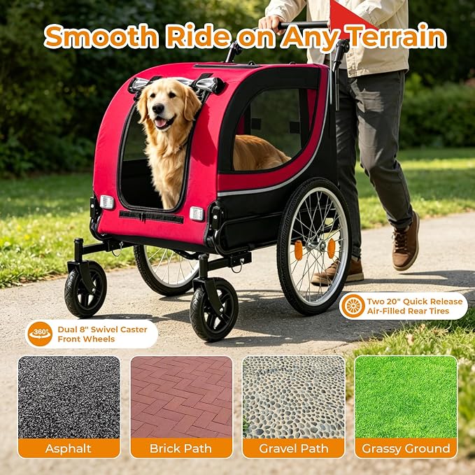 2-in-1 Bike Trailer & Pet Stroller for Dogs up to 100lbs– Foldable Pet Carrier Cart with Two 8'' Front Caster & 20'' Quick Release Air-Filled Wheels, Breathable Mesh and PVC Rain Cover, Red