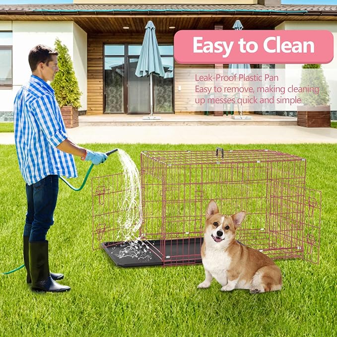 Foldable 36" Dog Crate - Double Door Metal Kennel with Leak-Proof Tray/Divider, Portable & Collapsible for Medium Dogs Indoor