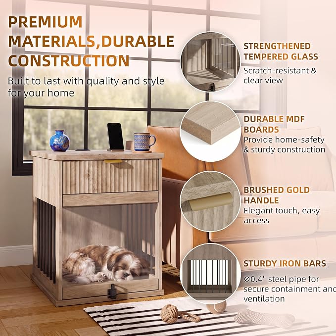 23.6" Small Dog Crate End Table with Charging Station, Dogs Kennel Furniture with Tempered Glass Door and Drawer, Wooden Decorative Dog Crates for Small Medium Dogs, Grey Oak