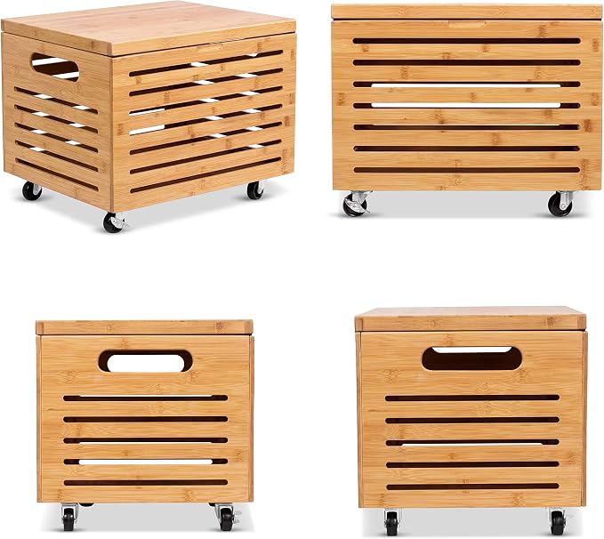 BIRDROCK HOME Rolling File Storage Organizer Box with Lid - Bamboo Decorative Wood Hanging File Box for Letter/Legal Documents, Binders, Blankets - Durable Office Organizer - Natural