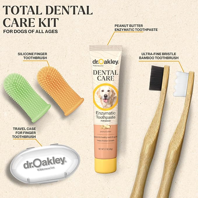 Dr. Oakley Dental Toothbrush Kit for Dogs & Cats -Finger Brush for Small Pets and Soft Brushes for Large or Older Natural and Safe Peanut Butter Flavor -