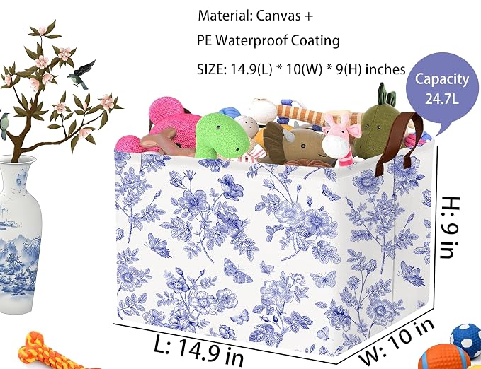 Large Blue Chinoiserie Willow Butterfly Decor Basket Collapsible Storage Bin (Floral)