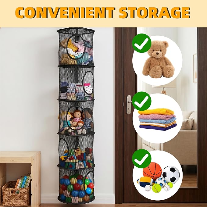 Hanging Stuffed Animal Storage Hammock Net 5 Tiers, Black | Hanging Mesh Storage Organizer for Kids Room, Holds Plushies, Gloves, Hats, Socks, Foldable Space-saving Design