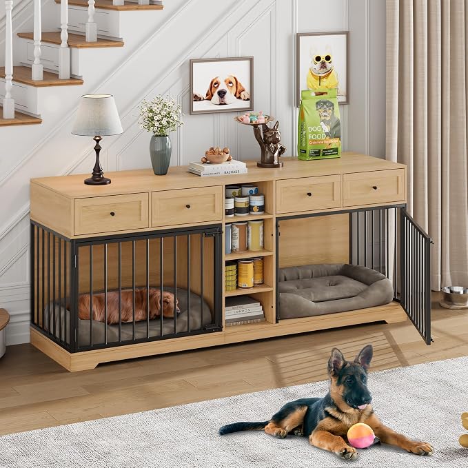 GarveeHome 82" Double Dog Crate Furniture with Drawers and Shelves, Natural | Heavy Duty Wooden Dog Crate TV Stand, Large Dog Kennel Indoor for 2 Medium/Large Dogs