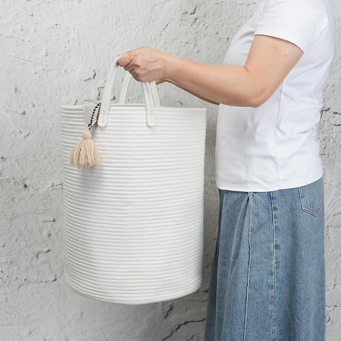 Woven Cotton Rope Laundry Basket, 15" x 20" Laundry Hamper, White | Rope storage basket for dirty clothes, toys and blankets. Perfect for bathroom, baby nursery and living room storage.