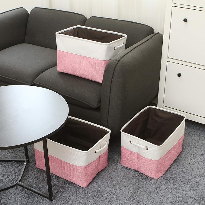 Sea Team Large Rectangle Canvas Open-Top Storage Baskets, 3-Pack | Collapsible Fabric Storage Bins with Handles, Closet Shelf Organizers, 15 x 10 x 10 Inches, Pink & White
